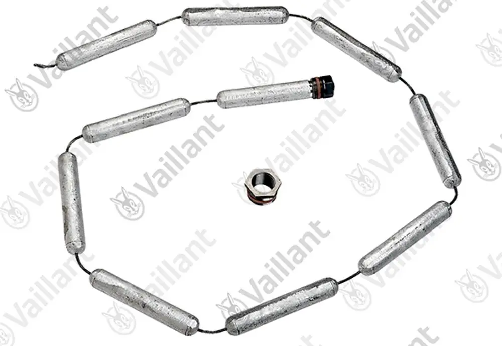 Kette aus Metall mit Zylindern und einem Verbindungselement, möglicherweise für Heizungsanlagen. Produkt der Marke Vaillant.